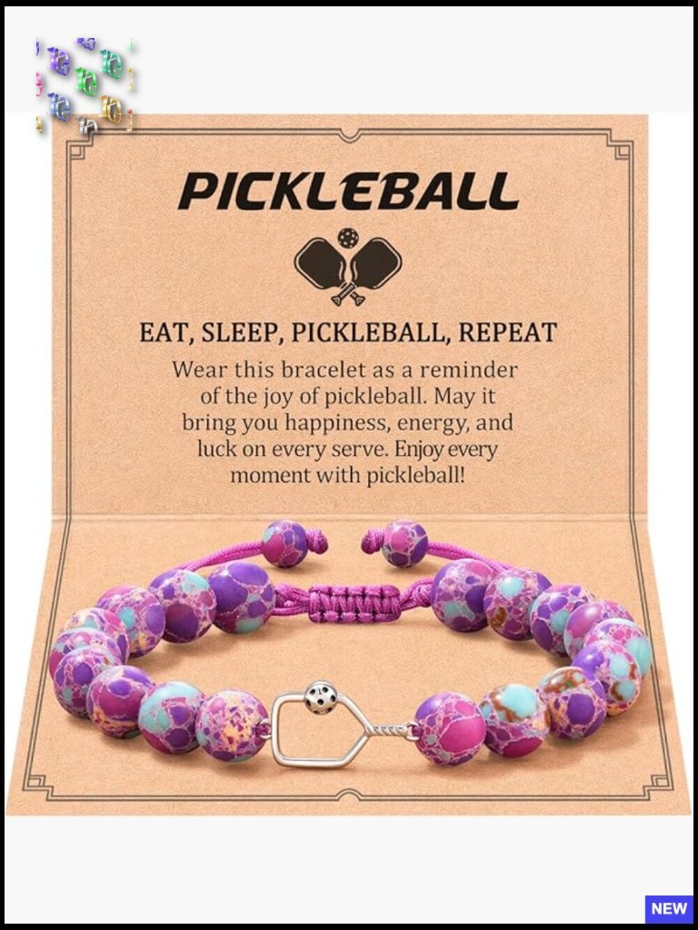 Pickleball Charm Bracelet Adjustable Slip Knot Stone Natural Gift Lovers